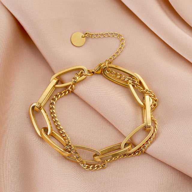 Stainless Steel Layered Golden Pendant Bracelet For Women